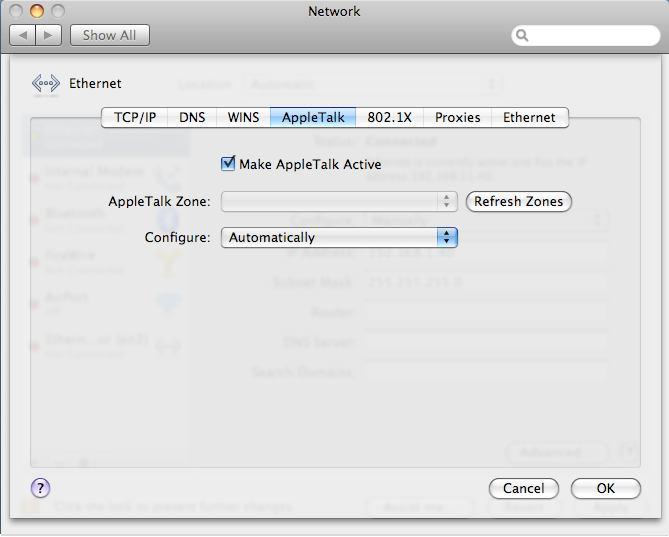 Click the Advanced button and then the AppleTalk tab as show below.