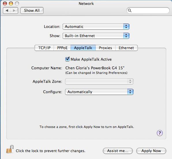 Select the Apple Talk tab in the Network menu. Check to select the Make Apple TalkActive option. Click the Apply Now button and close the menu. Apple Talk is now active on the system.