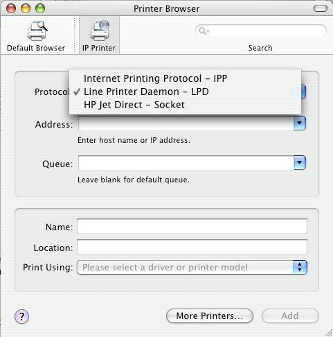 Adding an IP Printer To add an Internet Printing Protocol enabled, Line Printer Daemon enabled or HP Jet Direct Socket enabled printer, click the IP Printer button in the Printer Browser window.