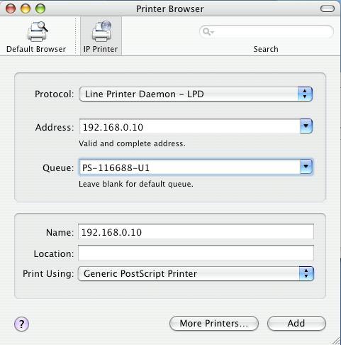 For set up LPD Printing: 1. Enter the IP address of the print server to which the printer is attached in Address field. 2.
