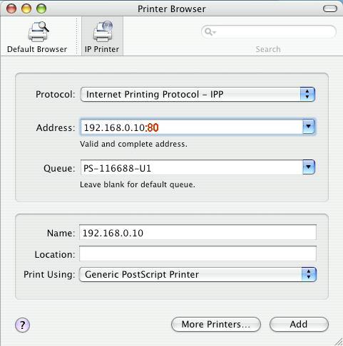 For set up IPP Printing: 1. Enter the IP address of the print server to which the printer is attached in Address field.