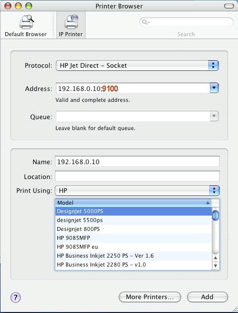 For set up Socket Printing: 1. Enter the IP address of the print server to which the printer is attached in Address field.