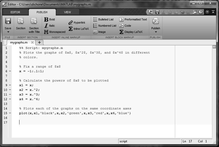 16 1 Basics of MATLAB We will now publish our script
