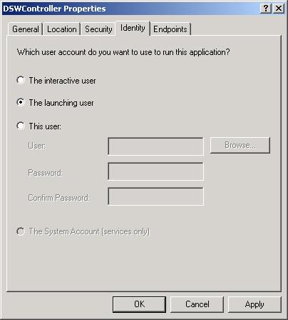 7 Click the Identity tab in the DSWController Properties window.