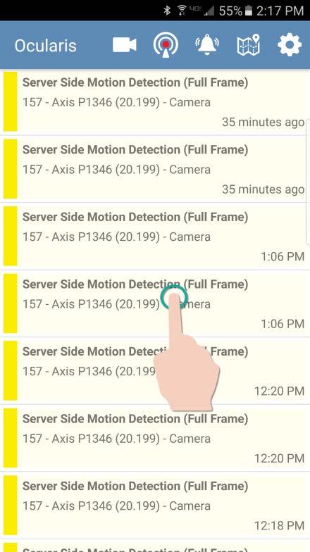 Configuring Ocularis 5 Mobile Ocularis 5 Mobile User Guide View Alerts with Ocularis 5 Mobile If alerts are configured on Ocularis Base and the user is included in the event distribution group, an
