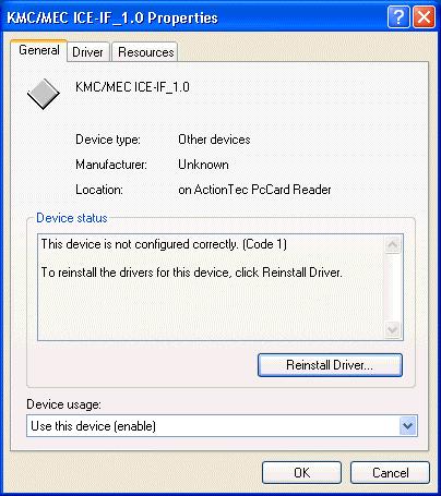 4) The KMC/MEC-ICE-IF_1.0 Properties dialog box appears. Click the Reinstall Driver button. 5) The Hardware Update Wizard dialog box appears. For the subsequent steps, see Section 5.7.1. WHEN THE PC-CARD INTERFACE IS INSERTED INTO THE SOCKET FOR THE FIRST TIME.