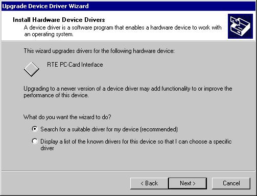 4) The RTE PC-Card Interface Properties dialog box appears. Select the Driver tab, then click the Update Driver button.
