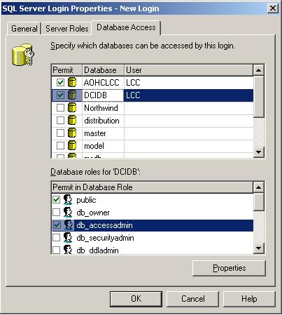 Appendix e) On the database access tab: i. Select DCIDB. ii. Select db_accessadmin in the list of roles.