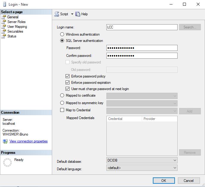 Appendix c) On the general tab of the new login page: i. Select SQL Server Authentication ii.