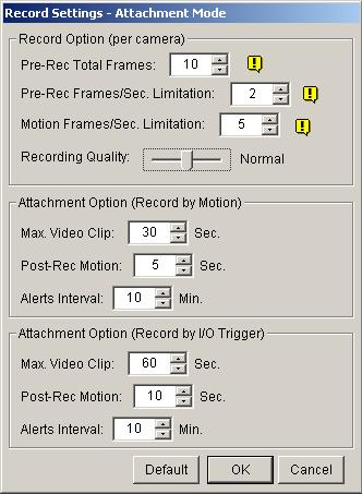 Chapter 9: Central Monitoring by Center V2 Figure 9-5 Recording Setting [Record Options (per camera)] Pre-Rec Total Frames: Determines the total pre-recorded frames in a video attachment.