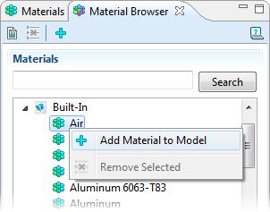 2 In the Material Browser window in the Materials tree under Built-In, right-click Air and choose Add Material to Model. By default, the first material added applies to all domains.