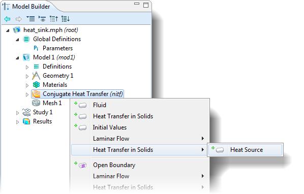 Heat Source 1 1 In the Model Builder, right-click Conjugate Heat Transfer and choose the domain setting Heat Transfer in Solids>Heat Source.
