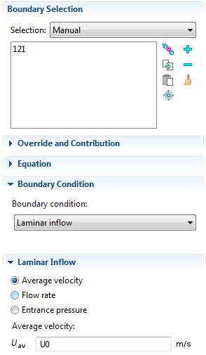 Inlet 1 1 In the Model Builder, right-click Conjugate Heat Transfer (nitf) and choose the boundary condition Laminar Flow>Inlet. 2 In the Inlet settings window, select Boundary 121 only.