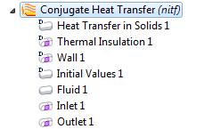 Outlet 1 1 In the Model Builder, right-click Conjugate Heat Transfer (nitf) and choose the boundary condition Laminar Flow>Outlet. 2 Click the Zoom Extents button on the Graphics toolbar.