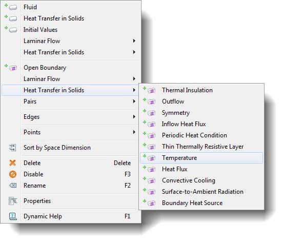 Temperature 1 1 In the Model Builder, right-click Conjugate Heat Transfer (nitf) and from the boundary level choose Heat Transfer in Solids>Temperature.