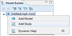 1 In the Model Builder, right-click the Root node and choose Add Study. 2 The Add Study window opens in the Model Wizard. Under Preset Studies select Stationary. 3 Click Finish.