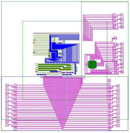 Figure 6-2: Detailed plan of PLATON 2x2 router package integration Figure 6-2 shows the 2cmx2cm PLATON 2x2 router chip with corresponding ASIC chip to be integrated on the silicon photonics platform