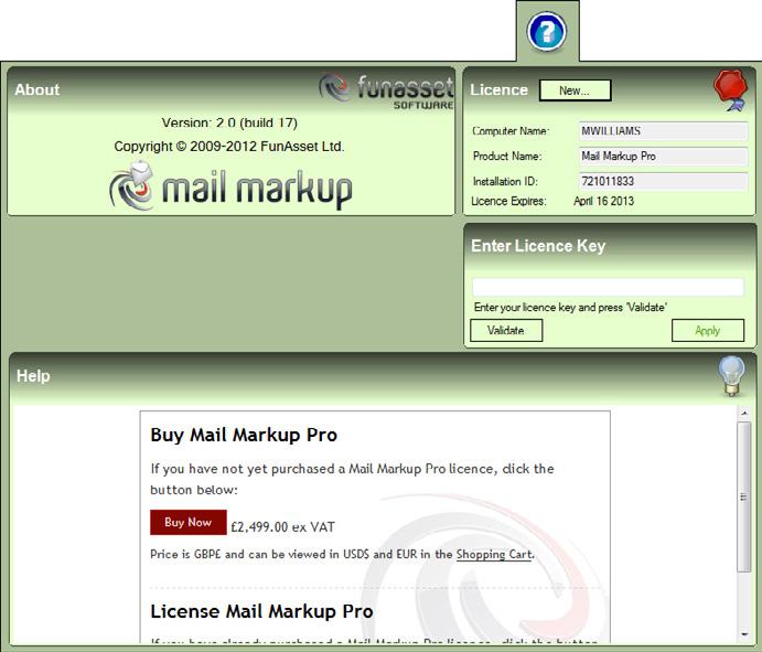 GETTING STARTED Licensing Prior to licensing Mail Markup Pro, the following limitations are imposed and a Notification dialog (Fig.
