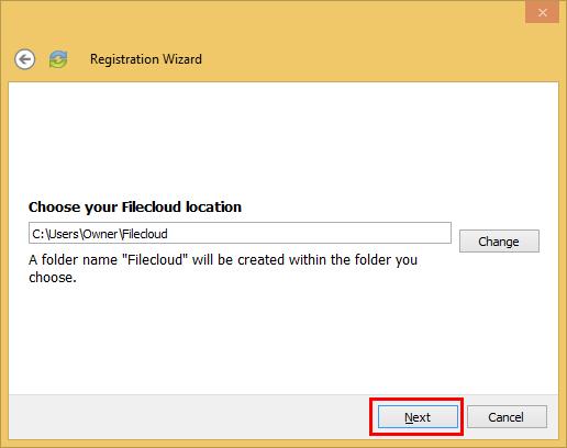 b. In the Choose your Filecloud location screen, click the Change button to specify another location on your local machine. Click the Next button when you are finished.