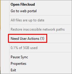 The Need User Actions message displays in the menu. 3. In the menu, click the Need User Action link. The Action dialog box displays. 4.