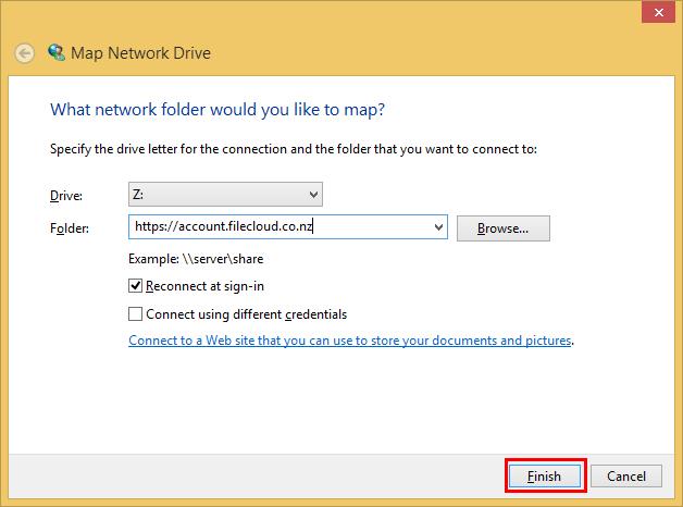 The Map Network Drive dialog box displays. 3. In the Map Network Drive dialog box, configure the ap