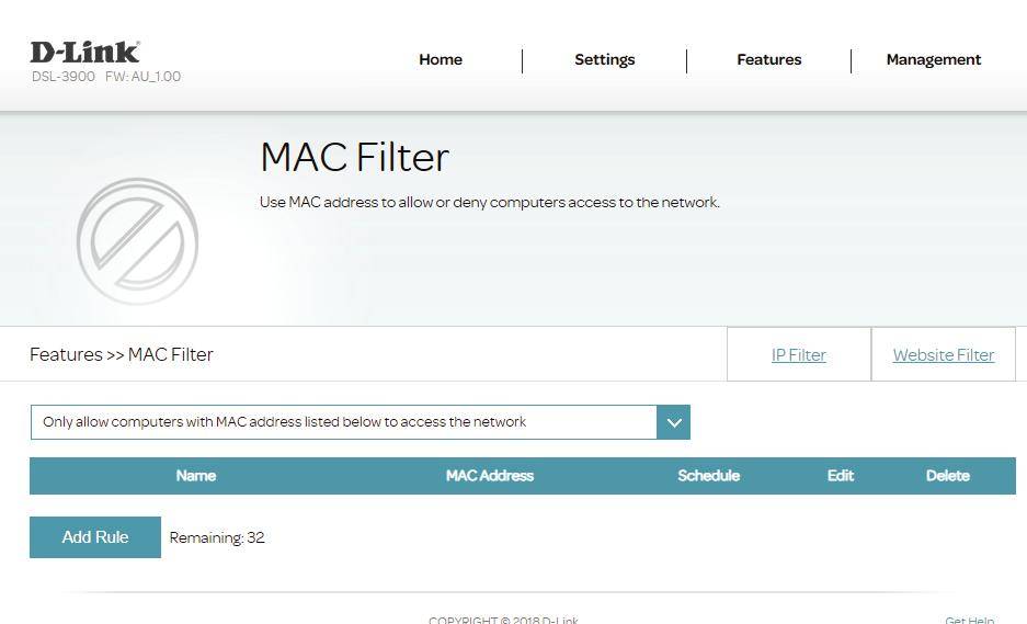 Section 4 - Configuration MAC Filter The MAC filter is used to restrict or allow certain types of Ethernet Frames through the gateway based on their source or destination MAC address.