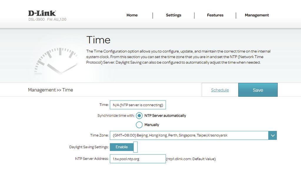 Section 4 - Configuration Management Time & Schedule Time The Time page allows you to configure, update, and maintain the correct time for the internal system clock.