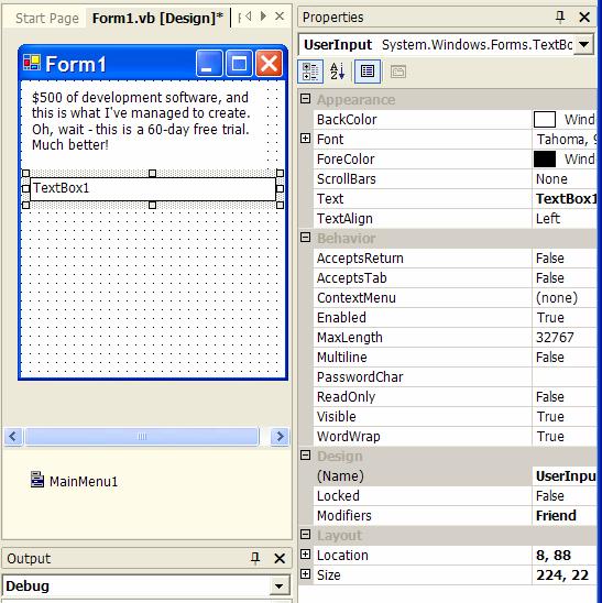 14 Getting Started When the program ran above, the compiled code included a reference to Form1. The.NET environment created a new instance of Form1, which displayed the form on the screen.