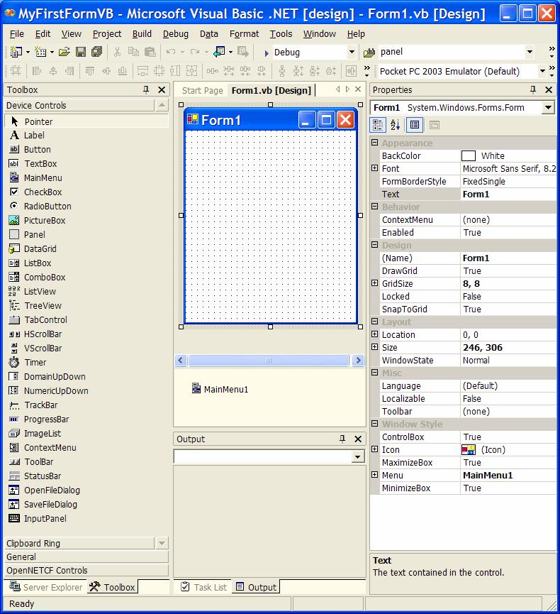 Visual Studio will churn for a few moments, and then present the empty form and surrounding context shown in Figure 1-3.