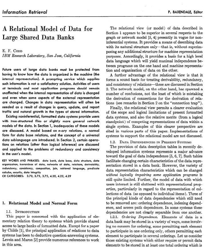 The Relational Model The Relation Model Developed by Codd (IBM) in 1970 Considered ingenious but impractical in 1970 Conceptually simple Computers lacked power to implement the relational model