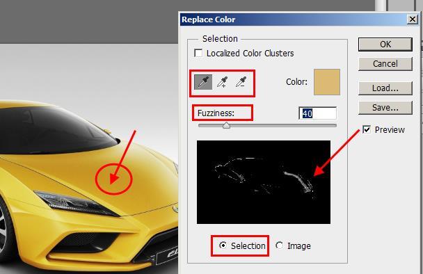 Replace the Color of Objects 1. Click FILE, OPEN, and, then, navigate to the DESKTOP and select car.jpg from the PHOTOSHOP SAMPLE FILES folder. 2. Choose IMAGE, ADJUSTMENTS, REPLACE COLOR. 3.