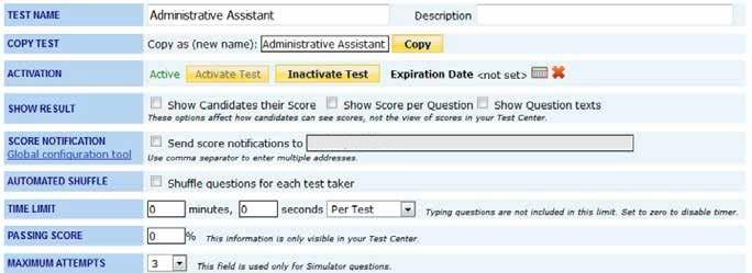 Test settings TEST NAME/Description allows you to modify a test name and a description that will be visible only in your Test Center when you mouse over the test name.