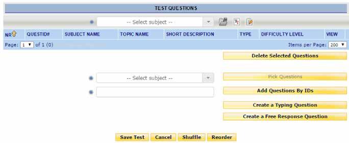 13 Use the drop-down list to choose a subject, and then click the Pick Questions button. Here, you can preview and select any question from the chosen subject.