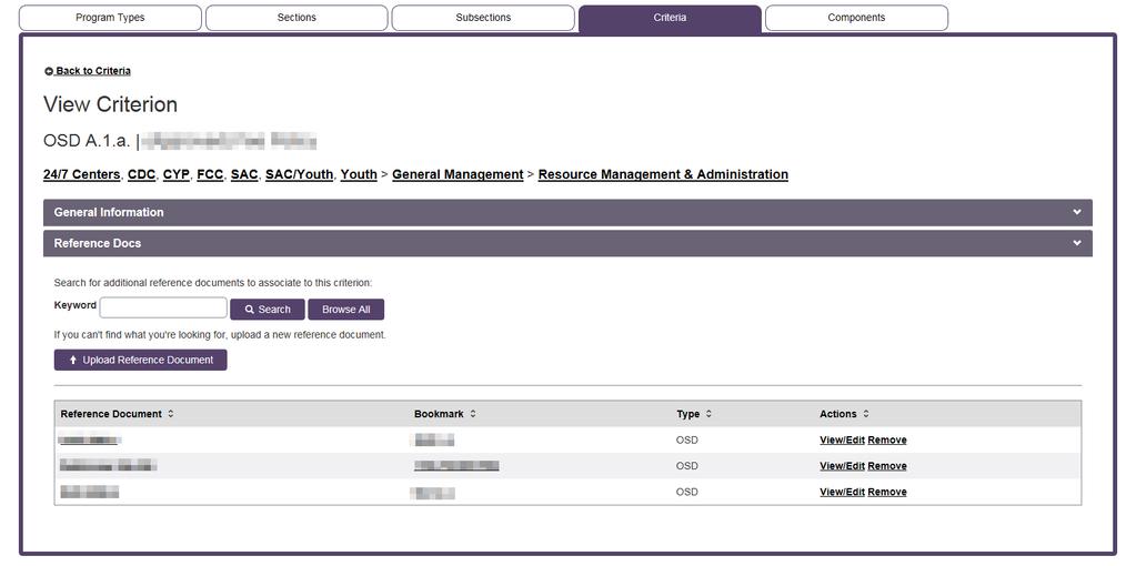 Figure 40: Associate Reference Documents to Criterion and Components (Part 1) Click on the Save button.