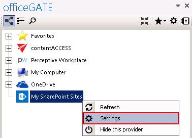 SharePoint connector settings dialog with clicking on Settings in the context menu (or in officegate settings dialog Providers
