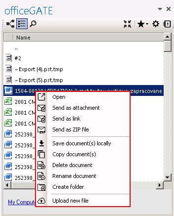 as attachment Send as link Send as ZIP file Save document(s) locally Copy document(s) Delete document