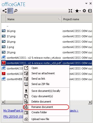 To rename a document in the file system, open the document s context menu (in list view) and click on Rename document from the list. The Rename document dialog opens.