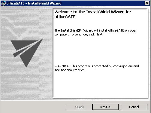 The officegate InstallShield Wizard will appear as shown on the screen below. Click Next. 5.