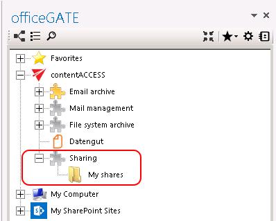 After successful connection expand the contentaccess node. The sharing plugin is located under contentaccess node in the officegate pane.