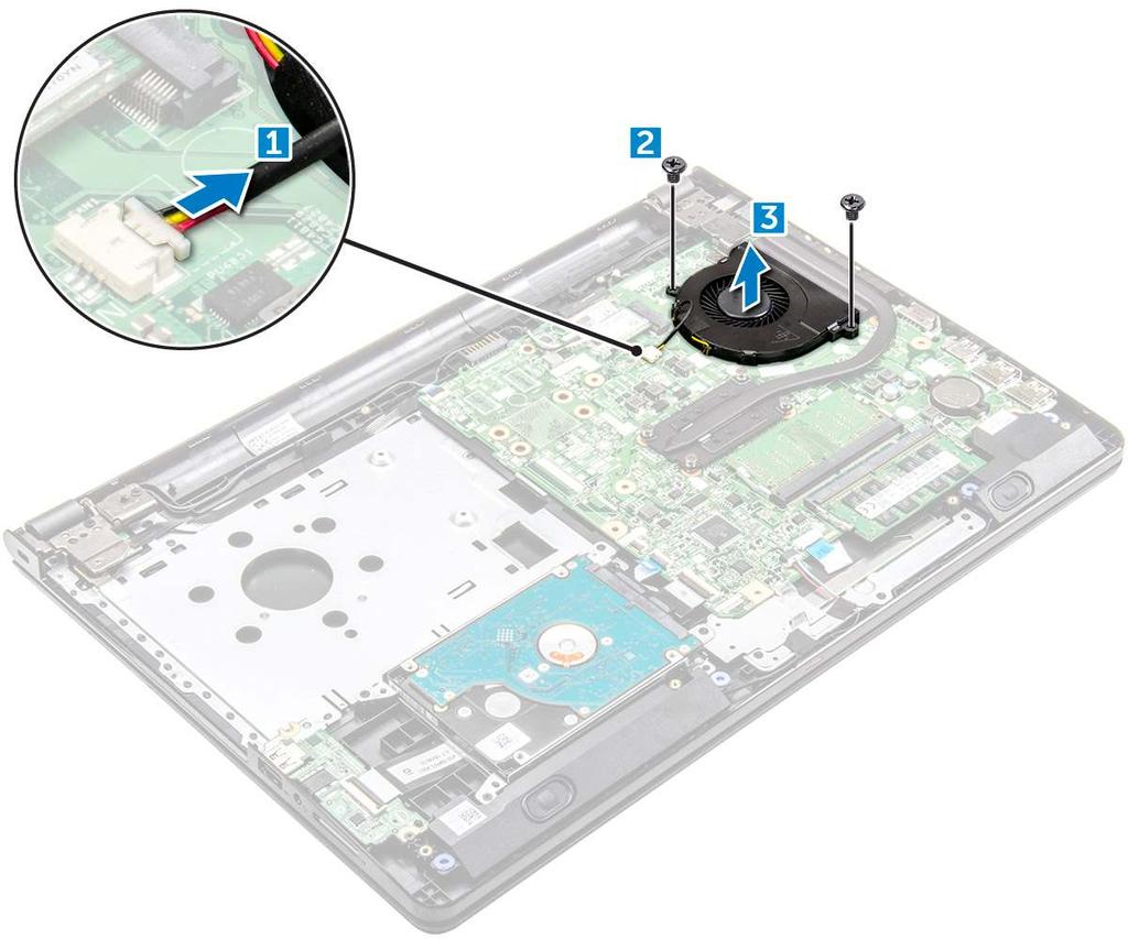 a b c d battery optical drive keyboard base cover 3 To remove the system fan: a Disconnect the system fan connector cable from the system board [1].