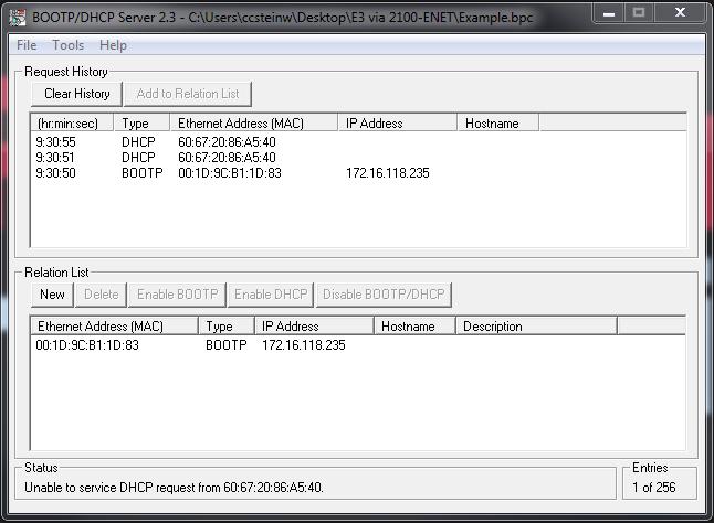Configure the Adapter Chapter 3 7. In the Relation List window, select the node and click Disable BOOTP/ DHCP.