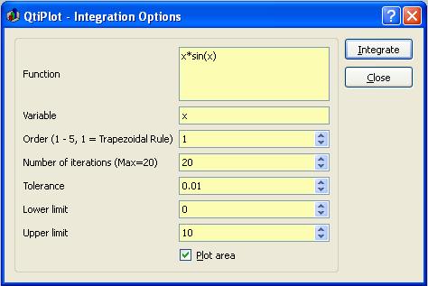 5. Dialógové okná 5.14. Integrovať (Integrate) Toto dialógové okno sa otvorí, ak zvolíte príkaz Integrate z Analysis menu. Prvé pole je krivka, ktorá bude integrovaná.