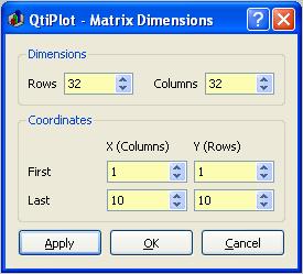 Nastaviť rozmery matice (Set Matrix Dimensions) Príkaz sa nachádza v Matrix menu. Umožňuje špecifikovať počet riadkov a stĺpcov matice. V tomto okne je tiež možné definovať rozsah hodnôt X a Y.