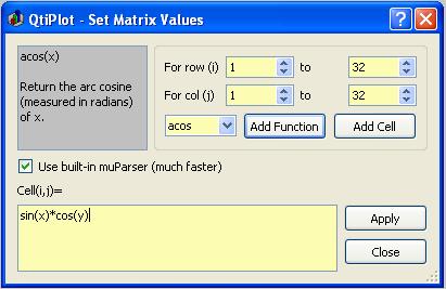 Nastavenie hodnôt matice (Set Matrix Values) Tento príkaz sa nachádza v Matrix menu. Umožňuje vyplniť maticu výsledkami funkcie z=f(i,j), kde i a j sú čísla riadkov a stĺpcov.