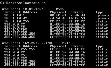 Prikaz sadržaja ARP tabele ARP tabela prikazuje mapiranje mrežnih adresa na fizičke adrese.
