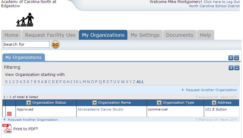 5. My Organizations Tab: You can come here to review the Organization(s) that you have been approved to submit request for.