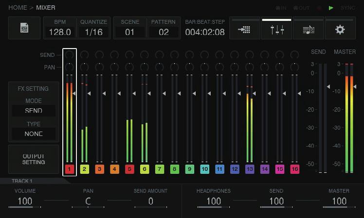 Adjusting the volume of each track (MIXER) The volume levels can be adjusted at the same time while looking at the volume levels, panning positions, and SEND amounts of multiple tracks.
