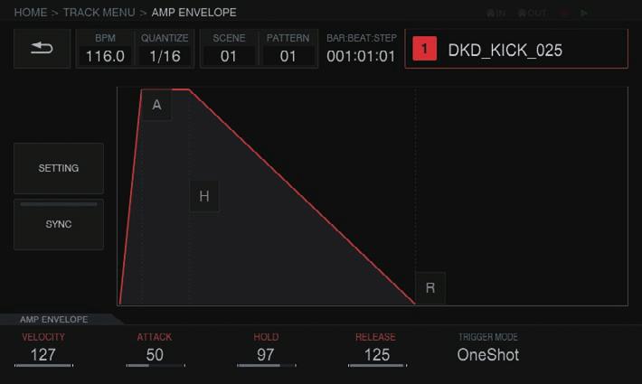 Adjusting the change in volume for sample sound source playback (AMP ENVELOPE) The change in volume can be set for a sample that is played when a performance pad is hit, a sequence is played, or a