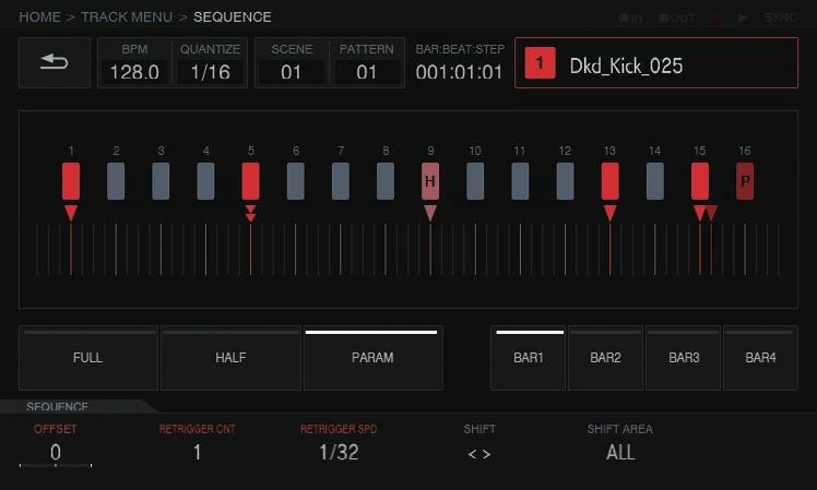 Adjusting various trigger sequences (SEQUENCE) The trigger sequence of each track can be offset and otherwise adjusted with a smaller unit than steps.