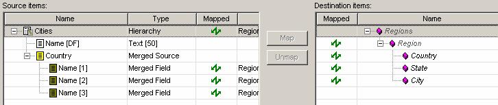 The Name[1] corresponds to the Country field and this needs to be mapped to the Name field in the Cities table. All fields thus merged are selected. Here is how the merge item looks.